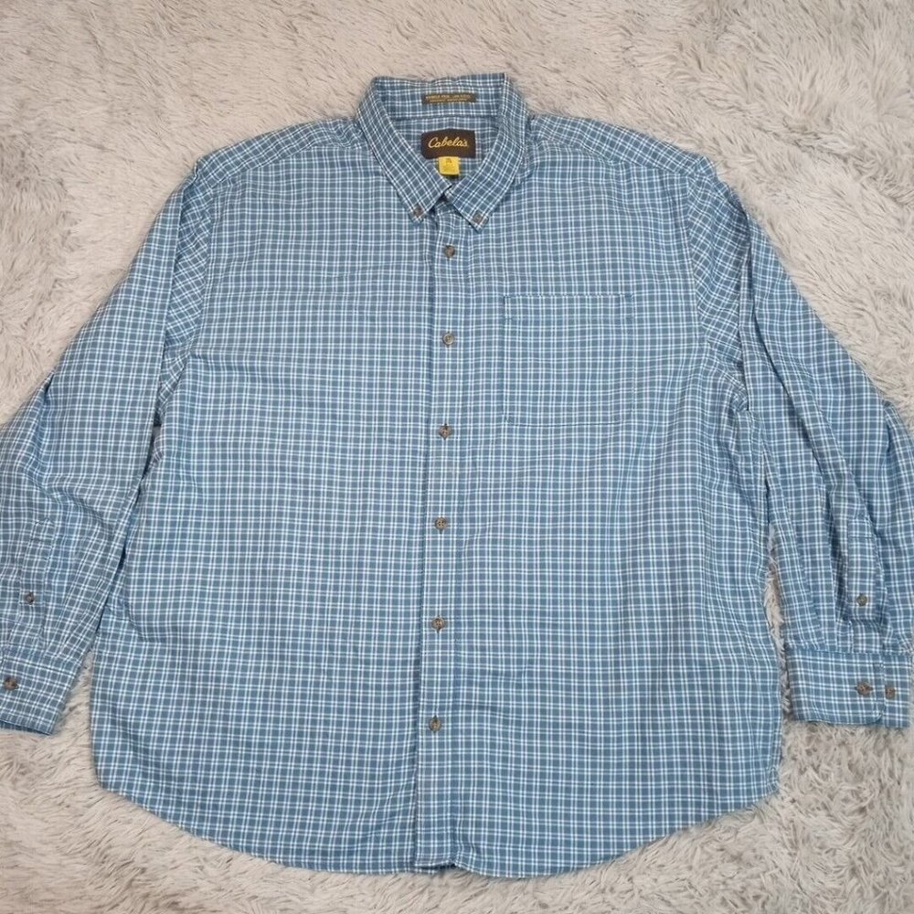 Cabela's Mens Shirt Blue 3XL Button Up Check Wrinkle Free Career Workwear XXXL